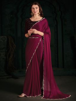 Sareemall - Womens Chiffon Pink Embellished Designer Saree with Unstitched Blouse