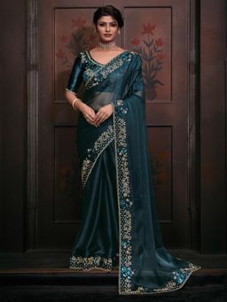 Sareemall - Womens Organza Teal Blue Embellished Designer Saree with Unstitched Blouse