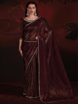 Sareemall - Womens Viscose Silk Brown Embellished Designer Saree with Unstitched Blouse