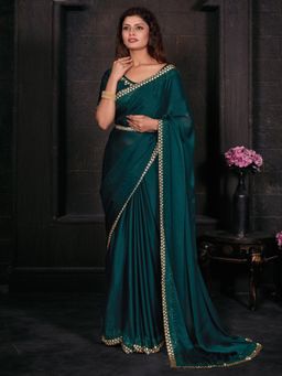 Sareemall - Womens Satin Silk Teal Green Embellished Designer Saree with Unstitched Blouse