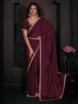 Sareemall - Womens Satin Silk Magenta Embellished Designer Saree with Unstitched Blouse