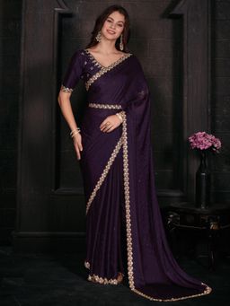 Sareemall - Womens Satin Silk Purple Embellished Designer Saree with Unstitched Blouse