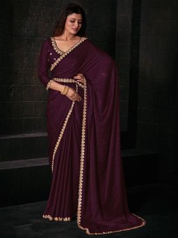 Sareemall - Womens Satin Silk Magenta Embellished Designer Saree with Unstitched Blouse