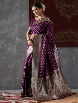 Akhilam - Womens Silk Blend Purple Woven Designer Saree with Unstitched Blouse