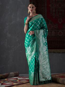 Akhilam - Womens Silk Blend Sea Green Woven Designer Saree with Unstitched Blouse