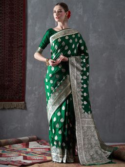Akhilam - Womens Silk Blend Green Woven Designer Saree with Unstitched Blouse