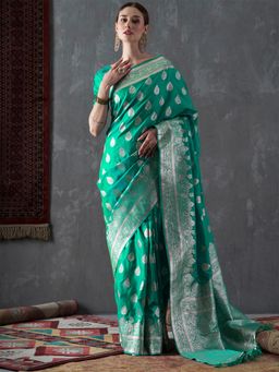 Akhilam - Womens Silk Blend Sea Green Woven Designer Saree with Unstitched Blouse