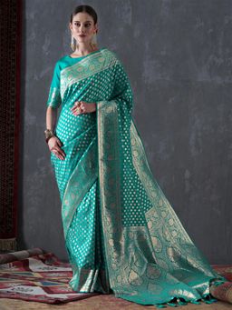 Akhilam - Womens Silk Blend Blue Woven Designer Saree with Unstitched Blouse