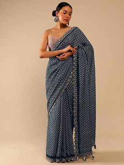 Akhilam - Womens Chiffon Teal Blue Embellished Celebrity Saree with Unstitched Blouse