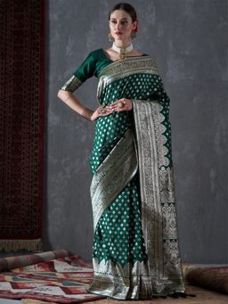 Akhilam - Womens Silk Blend Green Woven Designer Saree with Unstitched Blouse