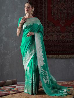 Akhilam - Womens Silk Blend Sea Green Woven Designer Saree with Unstitched Blouse