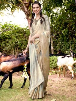 Akhilam - Womens Brasso Beige Embellished Designer Saree with Unstitched Blouse