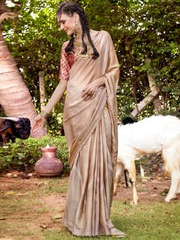 Akhilam - Womens Brasso Cream Embellished Designer Saree with Unstitched Blouse