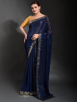 Akhilam - Womens Georgette Navy Blue Embellished Designer Saree with Unstitched Blouse