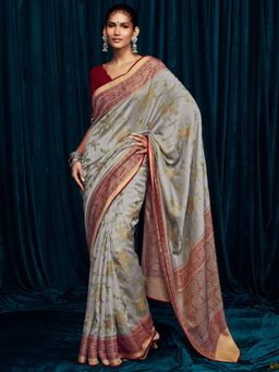 Akhilam - Womens Brasso Grey Printed Designer Saree with Unstitched Blouse