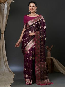 Akhilam - Womens Silk Blend Magenta Woven Designer Saree with Unstitched Blouse