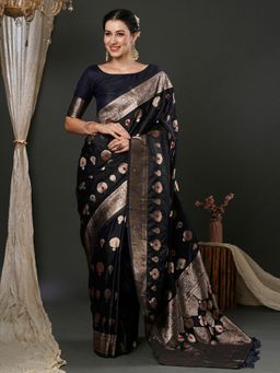 Akhilam - Womens Silk Blend Navy Blue Woven Designer Saree with Unstitched Blouse