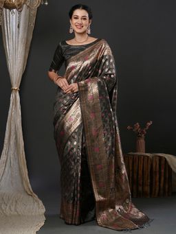 Akhilam - Womens Silk Blend Grey Woven Designer Saree with Unstitched Blouse