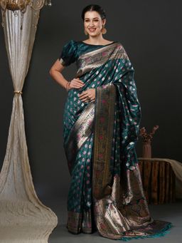 Akhilam - Womens Silk Blend Teal Blue Woven Designer Saree with Unstitched Blouse