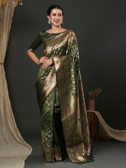 Akhilam - Womens Silk Blend Olive Woven Designer Saree with Unstitched Blouse