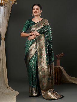 Akhilam - Womens Silk Blend Teal Green Woven Designer Saree with Unstitched Blouse