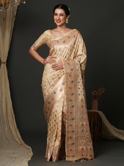 Akhilam - Womens Silk Blend Cream Woven Designer Saree with Unstitched Blouse