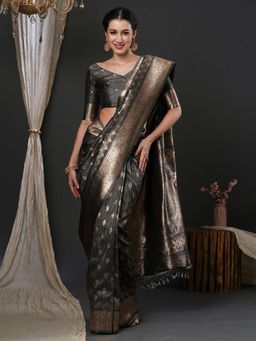 Akhilam - Womens Silk Blend Grey Woven Designer Saree with Unstitched Blouse