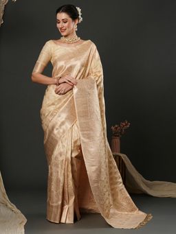 Akhilam - Womens Silk Blend Cream Woven Designer Saree with Unstitched Blouse