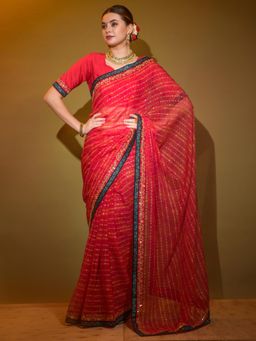 Akhilam - Womens Georgette Red Embellished Designer Saree with Unstitched Blouse