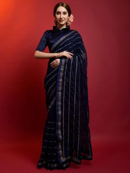 Akhilam - Womens Georgette Navy Blue Embellished Celebrity Saree with Unstitched Blouse