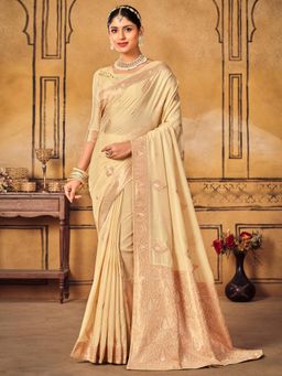 Akhilam - Womens Cotton Blend Cream Woven Designer Saree with Unstitched Blouse