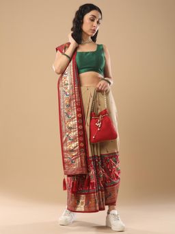 Akhilam - Womens Silk Blend Cream Printed Designer Saree with Unstitched Blouse