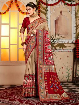 Akhilam - Womens Silk Blend Cream Printed Designer Saree with Unstitched Blouse