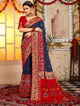 Akhilam - Womens Silk Blend Navy Blue Printed Designer Saree with Unstitched Blouse