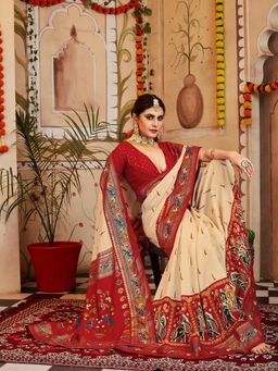 Akhilam - Womens Silk Blend Cream Printed Designer Saree with Unstitched Blouse