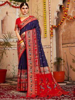 Akhilam - Womens Silk Blend Navy Blue Printed Designer Saree with Unstitched Blouse