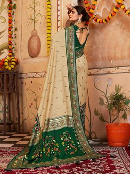 Akhilam - Womens Silk Blend Cream Printed Designer Saree with Unstitched Blouse