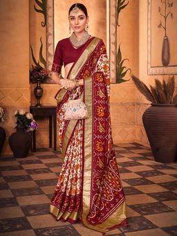 Akhilam - Womens Silk Blend Maroon Printed Designer Saree with Unstitched Blouse