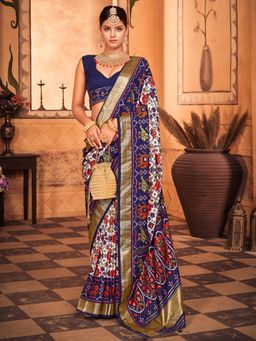 Akhilam - Womens Silk Blend Navy Blue Printed Designer Saree with Unstitched Blouse
