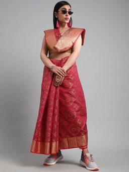 Akhilam - Womens Silk Blend Pink Woven Design Celebrity Saree with Unstitched Blouse