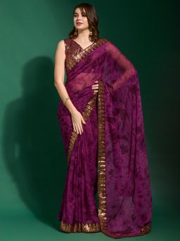 Akhilam - Womens Chiffon Purple Embellished Designer Saree with Unstitched Blouse