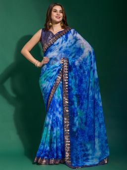 Akhilam - Womens Chiffon Blue Embellished Designer Saree with Unstitched Blouse