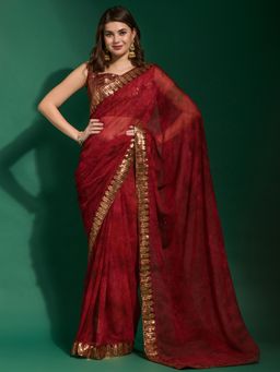 Akhilam - Womens Chiffon Maroon Embellished Designer Saree with Unstitched Blouse