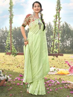 Sareemall - Womens Crepe Light Green Embellished Celebrity Saree with Unstitched Blouse