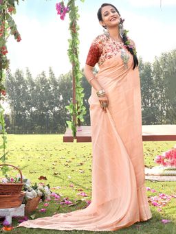 Sareemall - Womens Crepe Peach Embellished Celebrity Saree with Unstitched Blouse