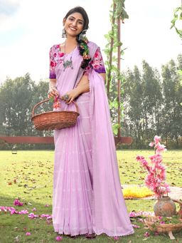 Sareemall - Womens Crepe Lavender Embellished Celebrity Saree with Unstitched Blouse