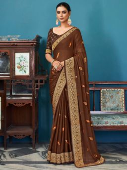 Sareemall - Womens Chiffon Brown Embroidered Celebrity Saree with Unstitched Blouse