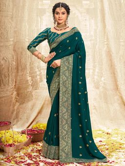 Sareemall - Womens Vichitra Silk Teal Blue Embroidered Designer Saree with Unstitched Blouse