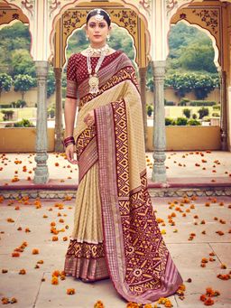 Akhilam - Womens Tussar Silk Cream Printed Designer Saree with Unstitched Blouse