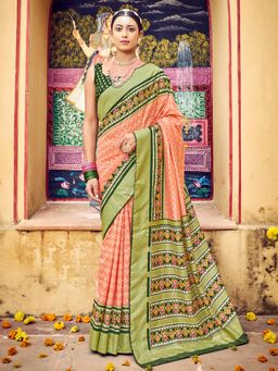 Akhilam - Womens Tussar Silk Peach Printed Designer Saree with Unstitched Blouse